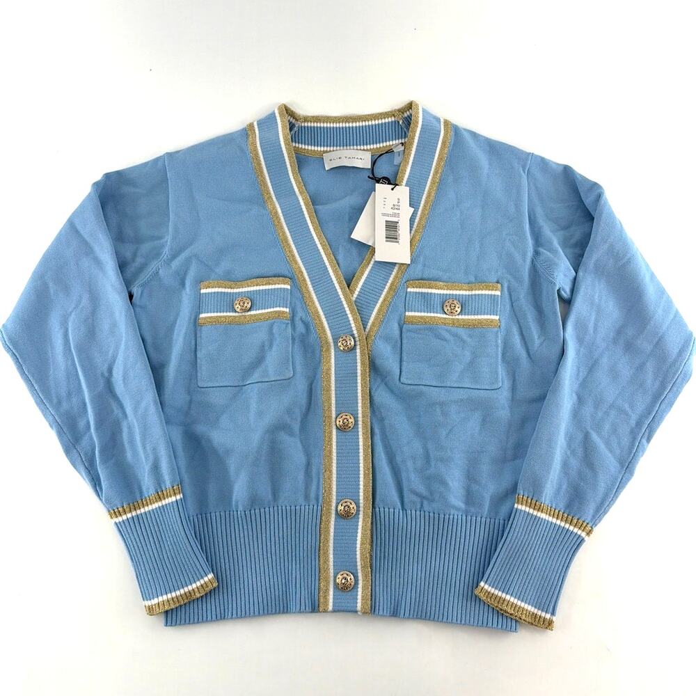 Elie Tahari Fountian Blue Gold Stripe The Kiva Shimmer-Trim Knit Cardigan Size S - Picture 7 of 11